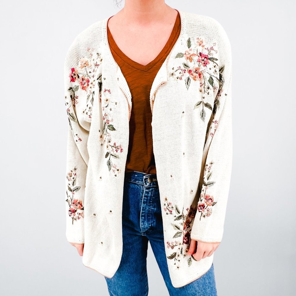 Vintage Tiara International Light Weight Embroidered & Beaded Knit Cardigan - 1X